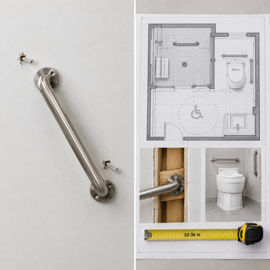 Unsupported DIY grab bar next to a professionally installed ADA grab bar with proper wall blocking in Arlington Heights IL