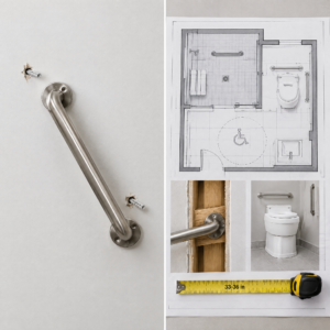 Unsupported DIY grab bar next to a professionally installed ADA grab bar with proper wall blocking in Arlington Heights IL