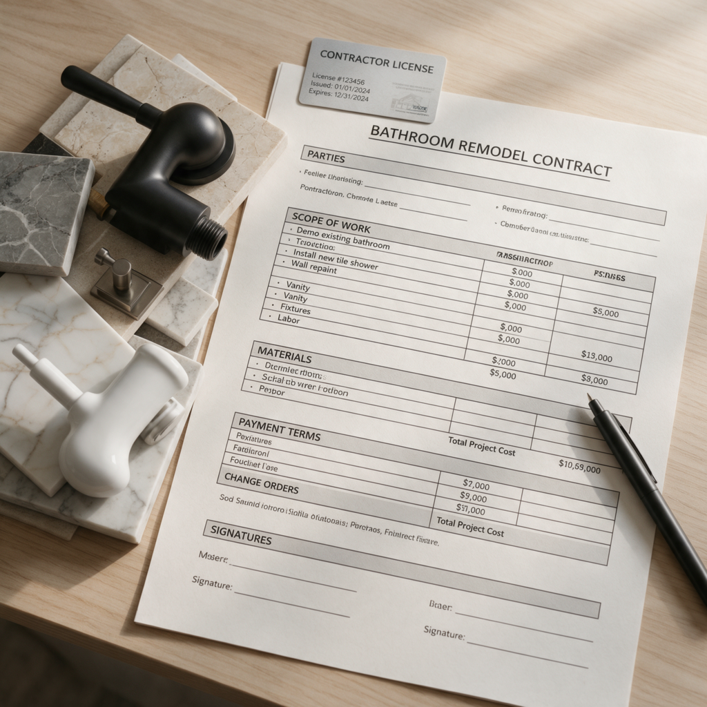 Itemized bathroom remodel contract, contractor license card, and premium tile samples on a table