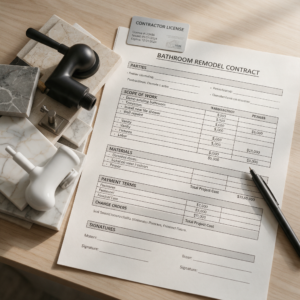 Itemized bathroom remodel contract, contractor license card, and premium tile samples on a table