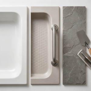 Acrylic liner, walk-in tub, and natural stone tile samples comparing bathroom remodel options