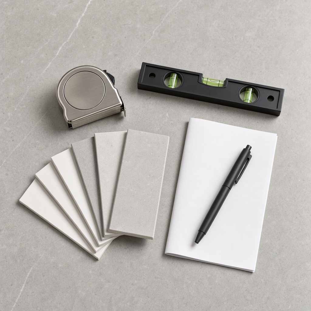 Bathroom contractor tools flat lay with tape measure, level, tile samples, and blank paper